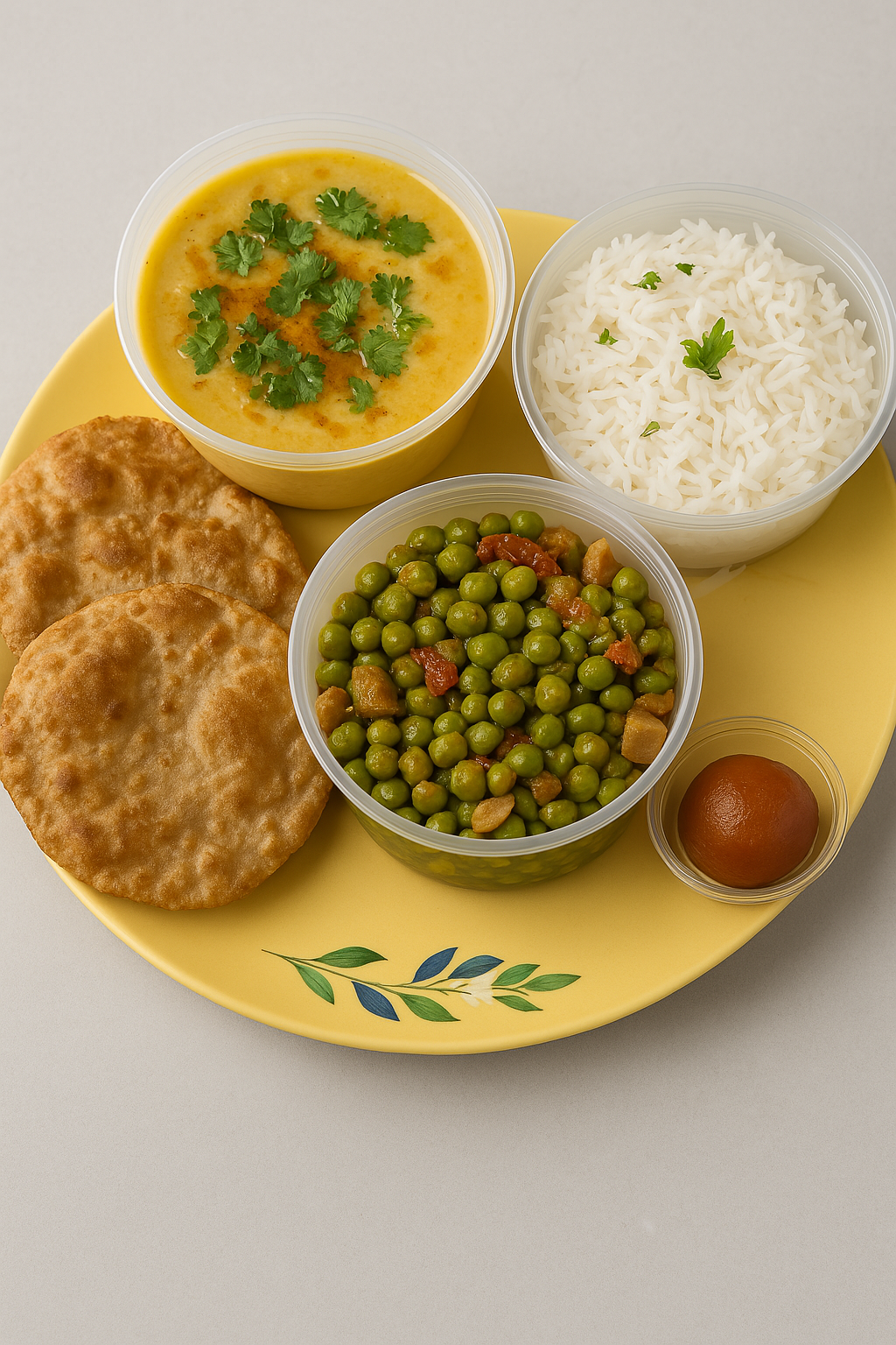 A variety of Indian dishes including dal, sabzi, roti, and rice served on a yellow plate with a decorative pattern.