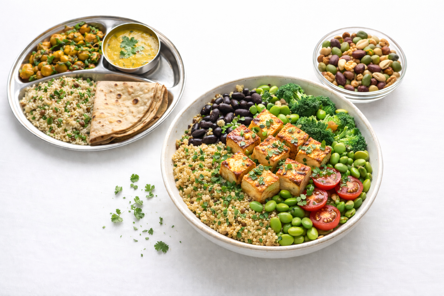 Plated meal with tofu, vegetables, and flatbread on a white background