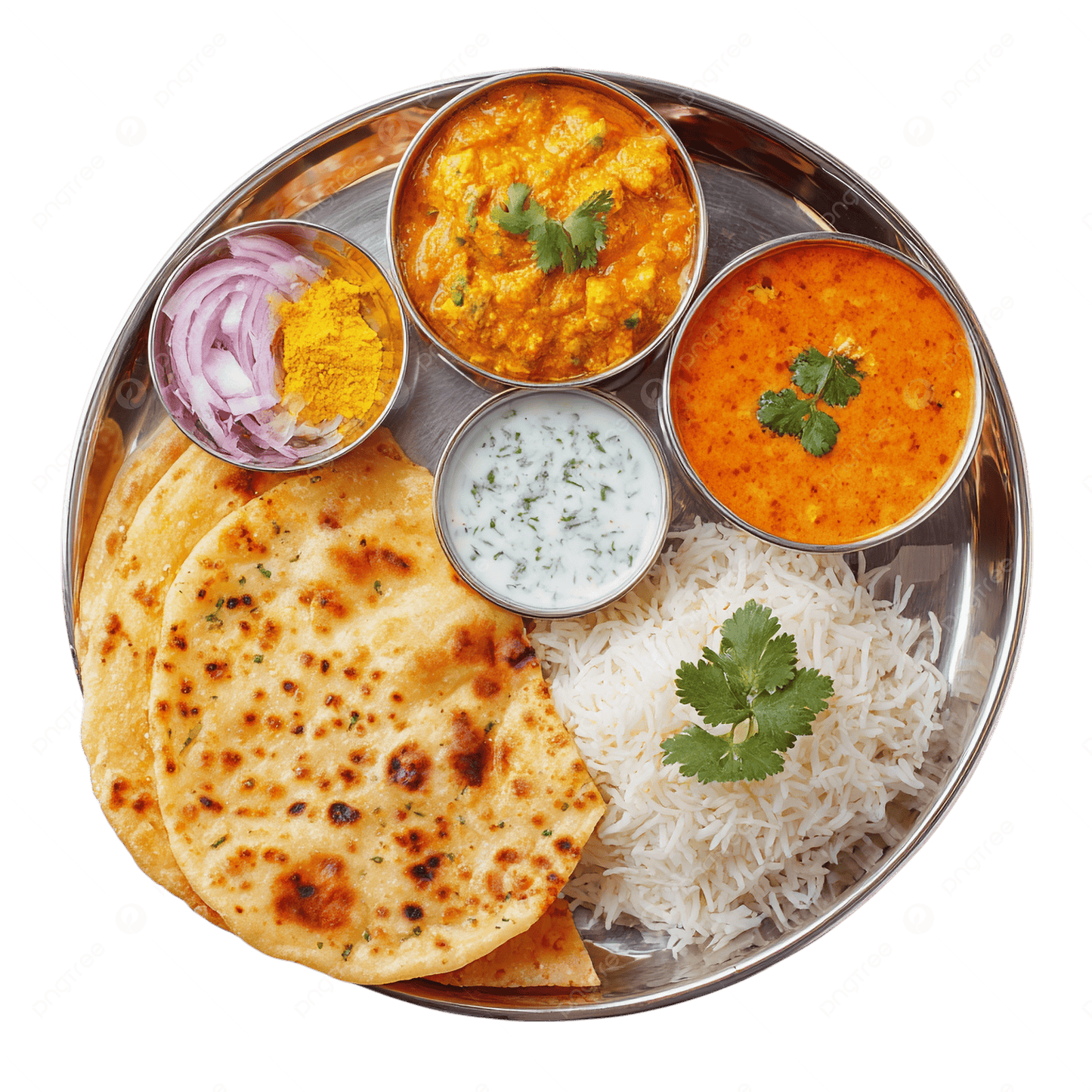 Platter of Indian food including roti, rice, and curries. GTA tiffin service. 