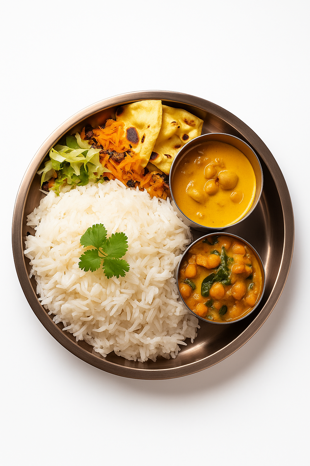 Platter of Indian food with rice, curry, and naan on a white background