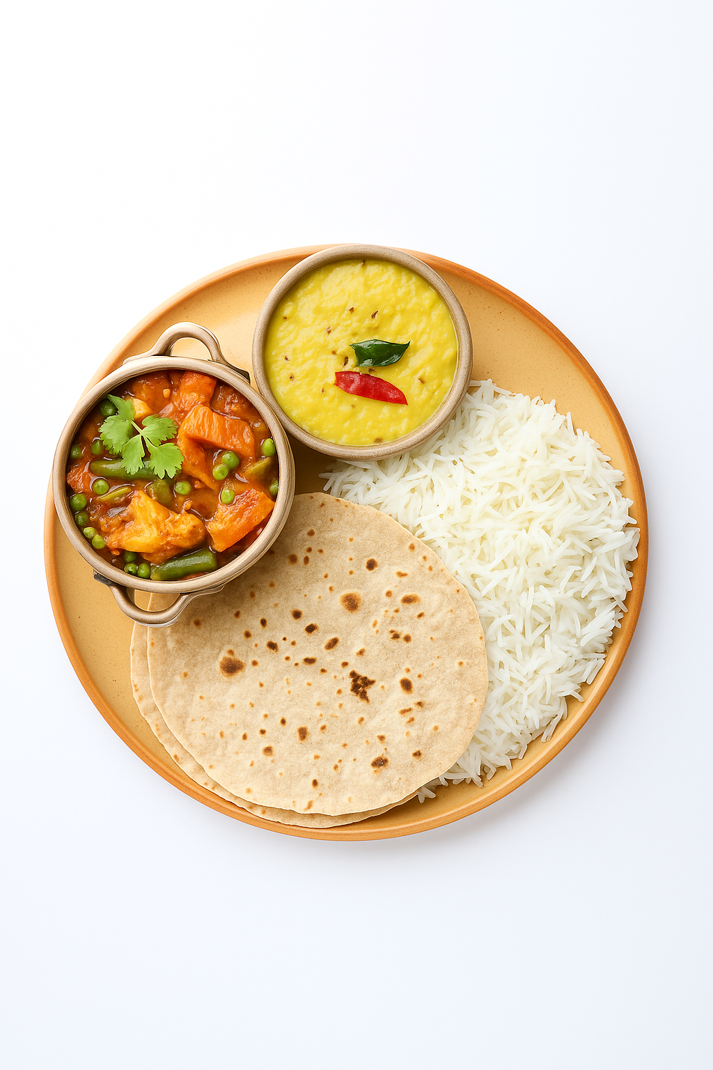 Platter with rice, flatbread, and two small bowls of curry on a white background